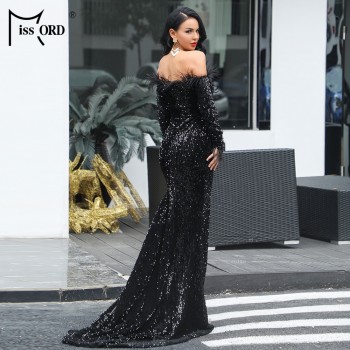  Sexy Off Shoulder Feather LongSleeve Sequin floor length Evening party Maxi Reflective White Black